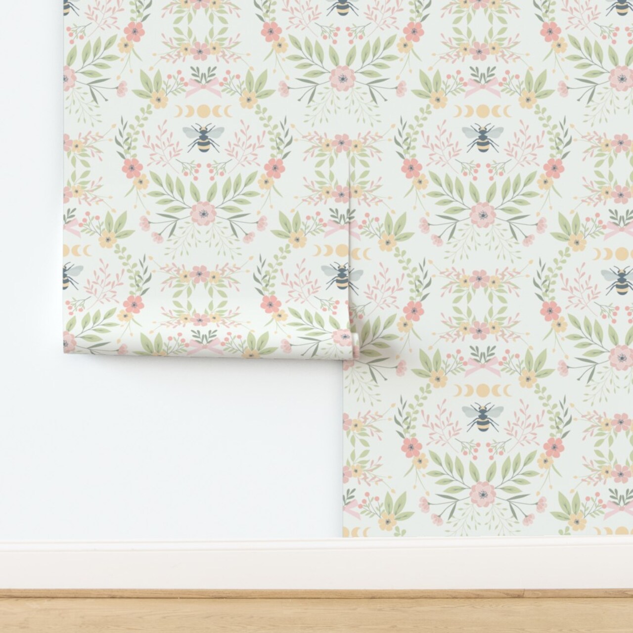 Cottagecore Bees Floral Garden Wreath Bows Moon Phase Farmhouse Nature Spring Summer Leaves Botanical Blossom Baby Kids Nursery Custom Pre-pasted Wallpaper by Spoonflower Pre-Pasted Wallpaper 2FT Wide